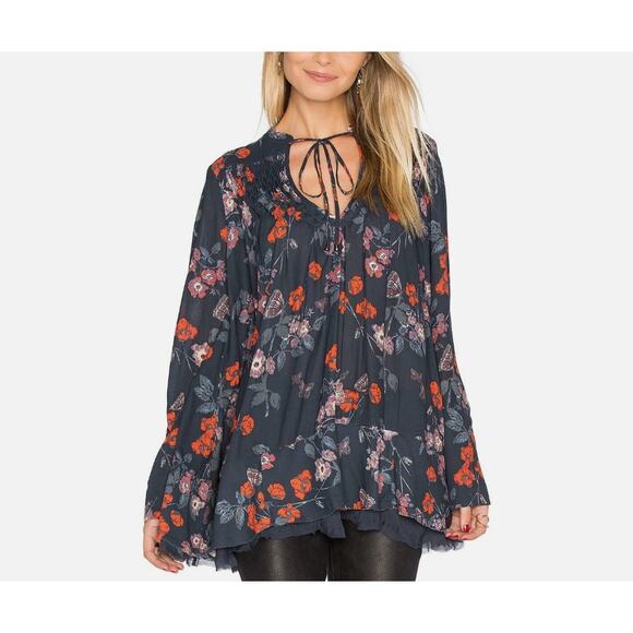 Free People Pebble Crepe So Fine Smocked Tunic Top Floral Gray Frayed Hem Small - Picture 2 of 15